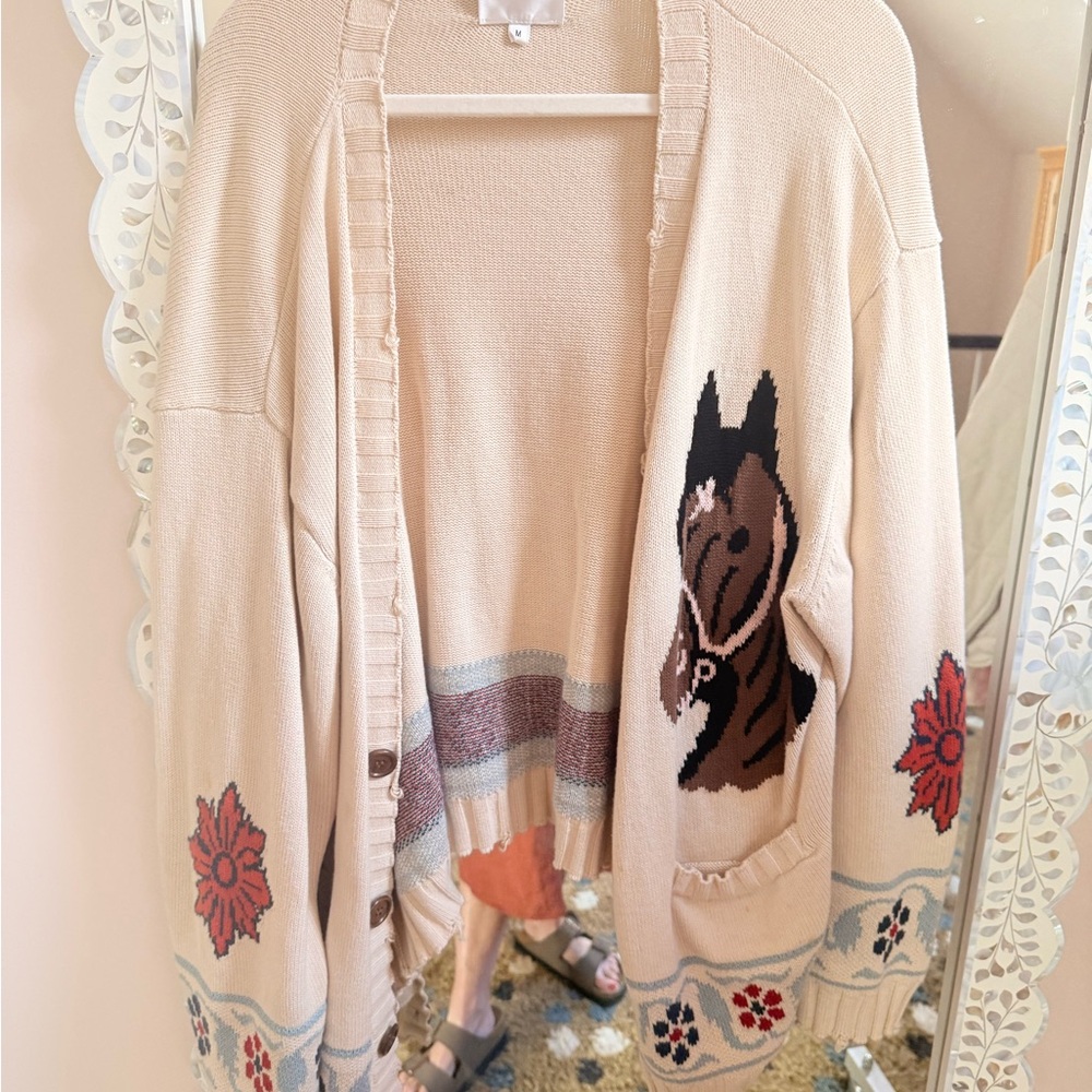 The found - Cream Horse-Graphic Open Cardigan Sweater- m